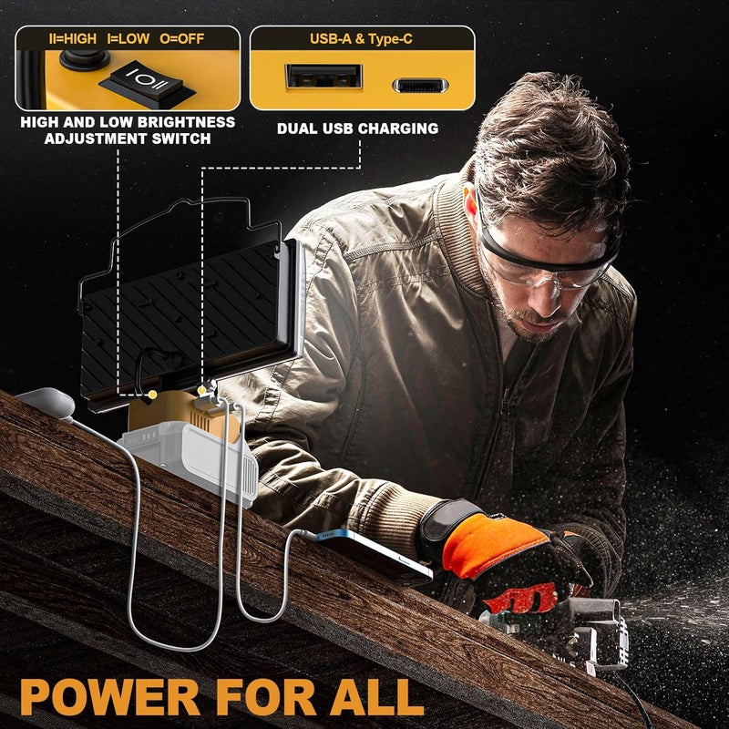 MtiolHig 2Pcs Cordless LED Work Light Compatible with Dewalt 20V Battery, 145W 14500Lumens Flood Light Gifts for Men with USB&Type-C Charging for Workshop, Garage, Camping, Jobsite - Image 4